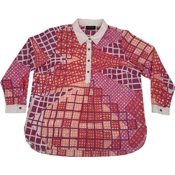 Bob Mackie Tops - BOB MACKIE‎ 1X Blouse Pink Orange Geometric Wearable Art Tunic Top Patchwork